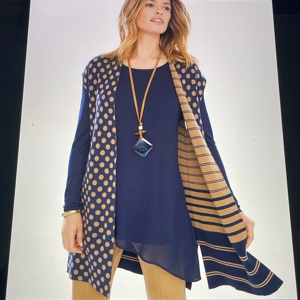 Chico’s Dot-Striped Reversible Cardigan Cap Sleeve Navy Camel Size 1